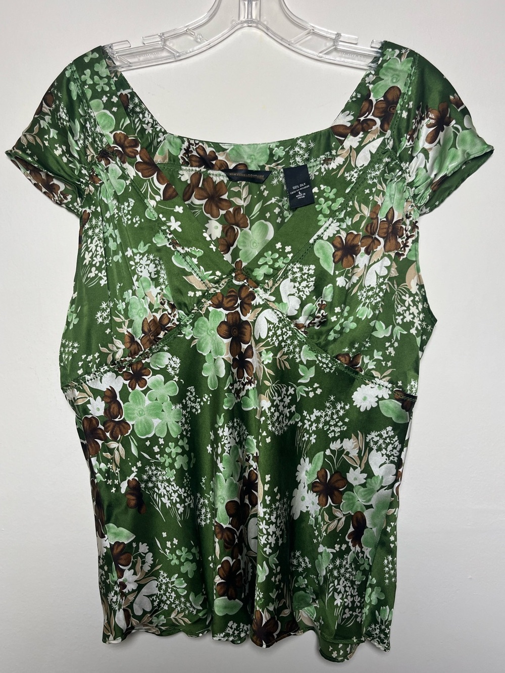 Women's Vintage New York & Co Silk Green & Brown Floral Cap-Sleeve Top Size L